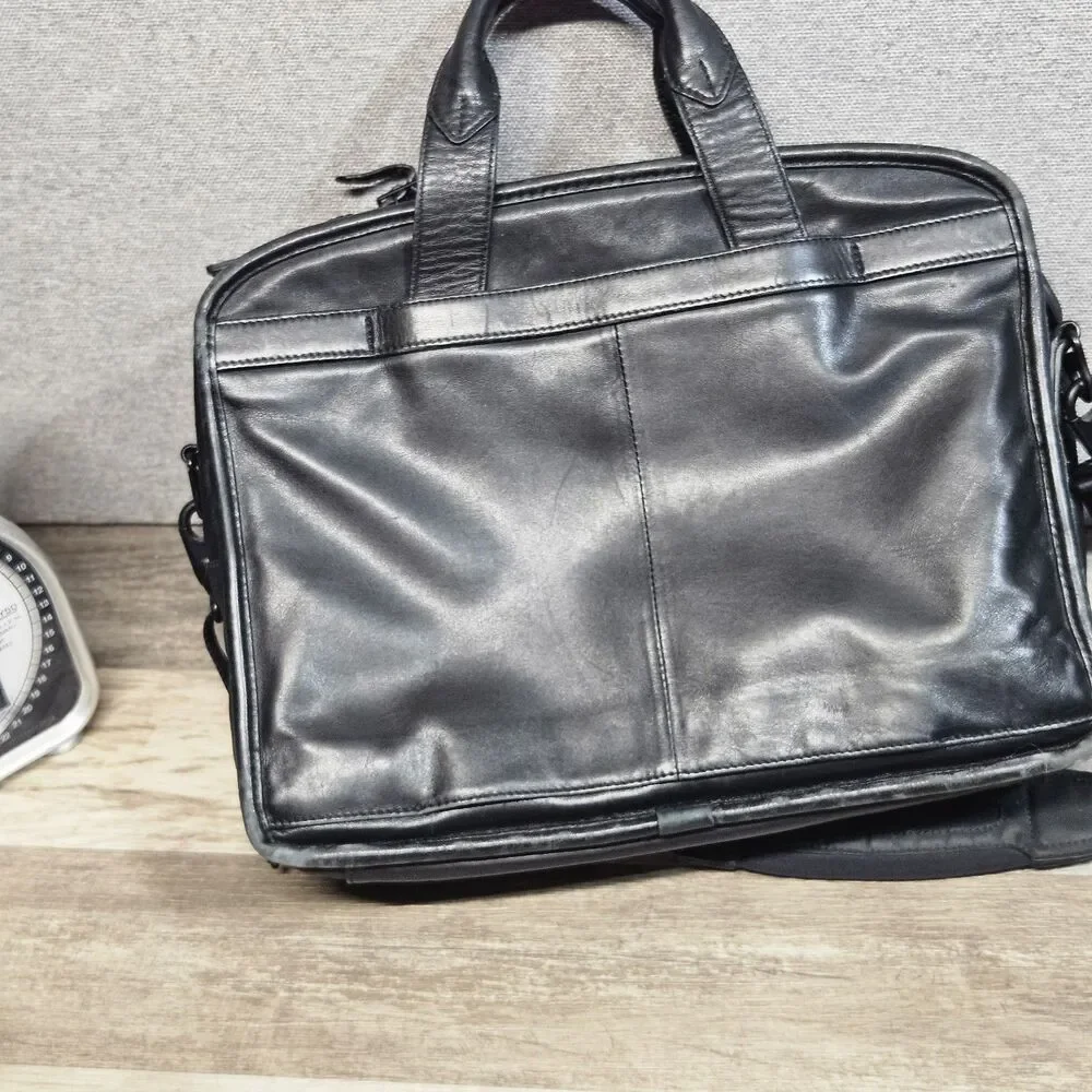 TUMI Black Leather Expandable Laptop Briefcase